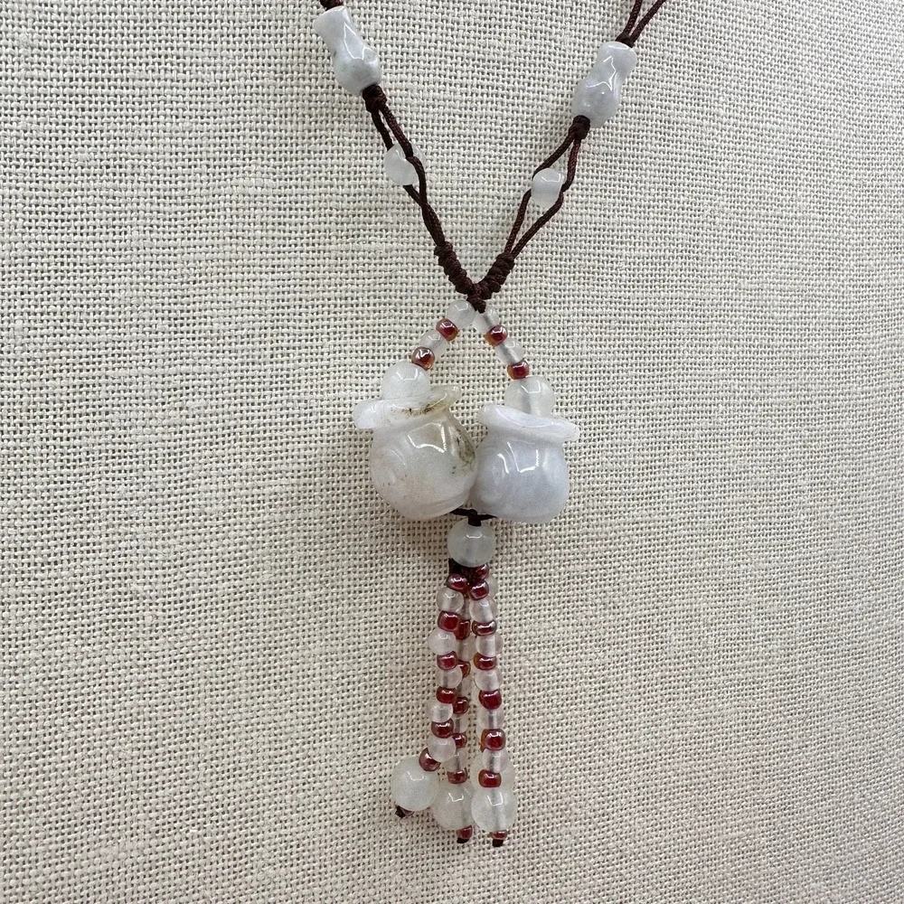 Vintage 90s Brown Cord Necklace Double Money Bag Glass Tassel Pendant Jewelry